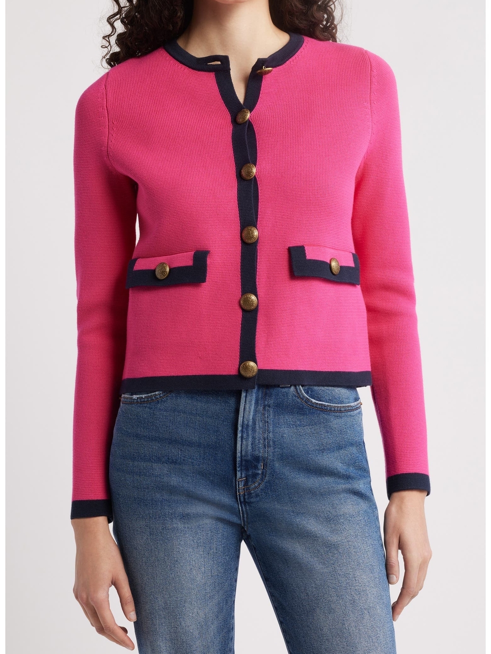 Boden Holly Trim Cardigan, Hot Pink Navy Blue, Size US 4, UK 8